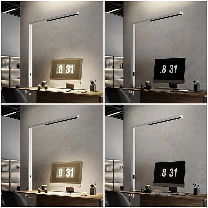 Arcchio Klemmleuchte Jolinda - Farbe Gehäuse: weiß / opal - Weiße, schlanke Schreibtischlampe mit LED-Lichtleiste, die einen Schreibtisch und Computermonitor beleuchtet.