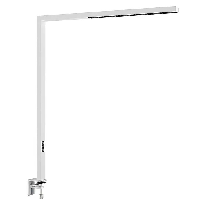 Arcchio Klemmleuchte Jolinda - Farbe Gehäuse: weiß / opal - Weiße L-förmige Schreibtischlampe mit integrierter LED-Lichtleiste und drei Bedientasten am vertikalen Arm, auf einer Klemmbasis montiert.
