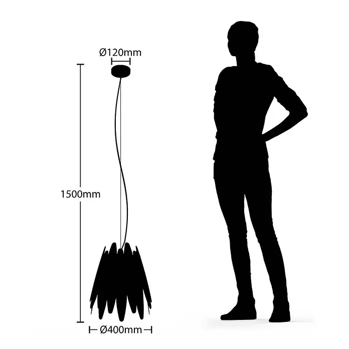 Lucande Pendelleuchte Lounit - schwarz, Schwarz, gold, E27 - Schwarze Pendelleuchte mit dekorativem Schirm, zum Größenvergleich neben einer Person. Gesamtlänge 1500mm, Schirm Ø400mm.