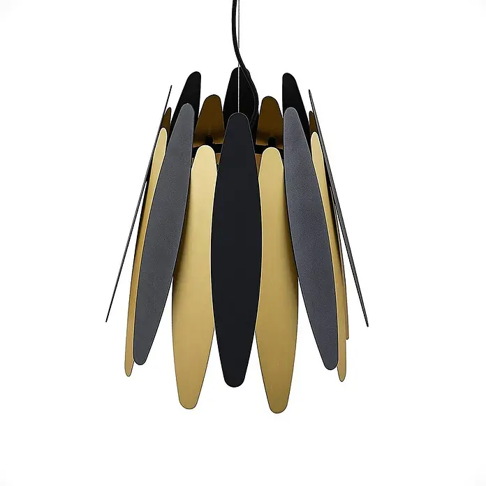 Lucande Pendelleuchte Lounit - schwarz, Schwarz, gold, E27 - Schichtförmige Pendelleuchte mit abwechselnd schwarzen und goldfarbenen blütenblattähnlichen Metallsegmenten.