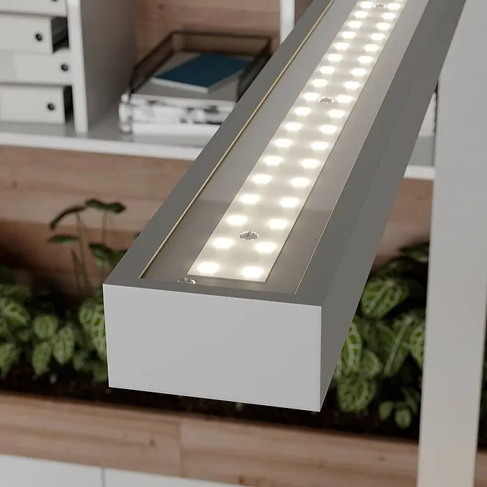 Arcchio Klemmleuchte Jolinda - Farbe Gehäuse: alu / grau / zink - Eine moderne grau-weiße LED-Pflanzenlampe, die Pflanzen in einem Innenraum beleuchtet.