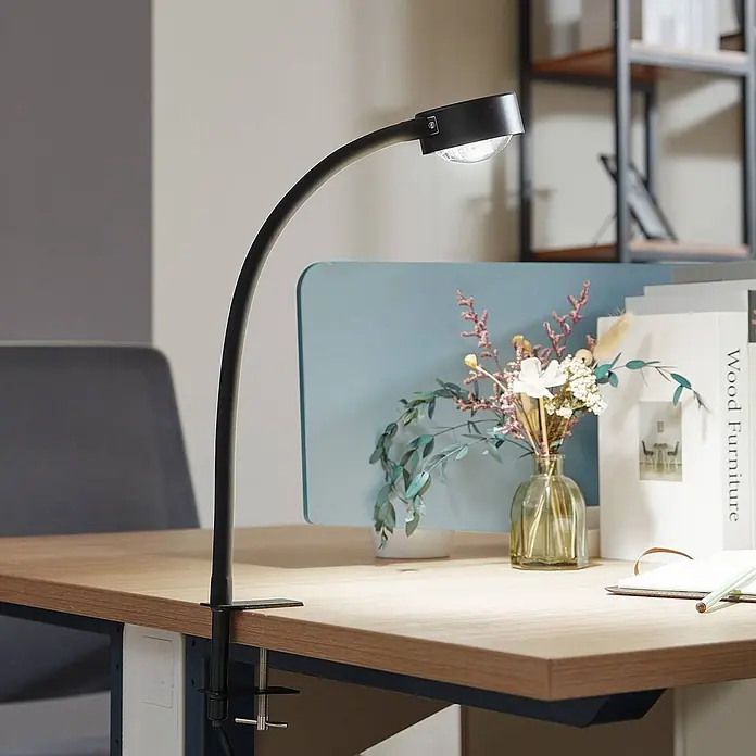 Lindby Klemmleuchte Jyla - Farbe Gehäuse: schwarz - Schwarze Klemm-Schreibtischlampe mit flexiblem Schwanenhals, beleuchtet einen Holzschreibtisch.