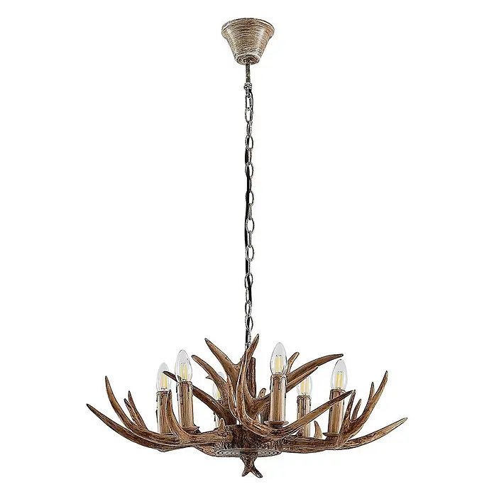 Lindby Pendelleuchte Tejask - L x B x H: 70 x 70 x 30 cm, braun, E14 - Geweih-Kronleuchter mit sechs kerzenförmigen LED-Lampen, braunem Geweih-Design und bronzefarbener Kette, hängend an passender Deckenrosette.