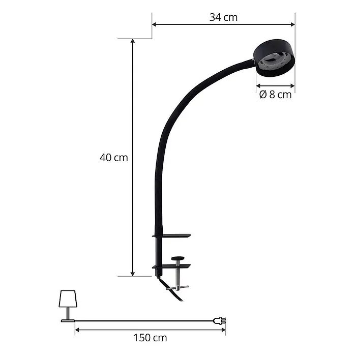 Lindby Klemmleuchte Jyla - Farbe Gehäuse: schwarz - Schwarze flexible Klemm-Schreibtischlampe, 40 cm hoch, mit 8 cm Durchmesser Lampenkopf und 150 cm Kabel.