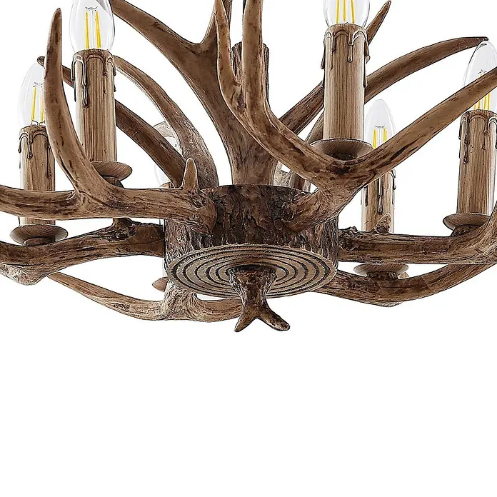 Lindby Pendelleuchte Tejask - L x B x H: 70 x 70 x 30 cm, braun, E14 - Rustikaler brauner Kronleuchter aus Geweih-Imitat, mit mehreren kerzenförmigen Lichthaltern und sichtbaren Leuchtmitteln.