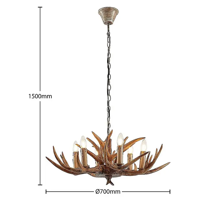 Lindby Pendelleuchte Tejask - L x B x H: 70 x 70 x 30 cm, braun, E14 - Rustikale braune Hirschgeweih-Hängelampe mit 6 Glühbirnen, 1500mm hoch und 700mm Durchmesser.