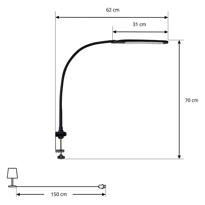 Lindby Klemmleuchte Nilay - Farbe Gehäuse: schwarz - Schwarze klemmbare LED-Schreibtischlampe mit flexiblem Arm und Maßen: 70cm Höhe, 62cm Ausladung, 150cm Kabel.