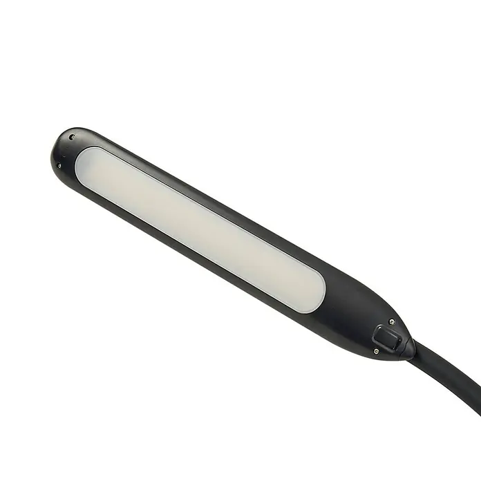 Lindby Klemmleuchte Nilay - Farbe Gehäuse: schwarz - Schwarze, längliche LED-Leuchte mit lichtdurchlässigem Diffusor und Ein-/Ausschalter an einem flexiblen Arm.