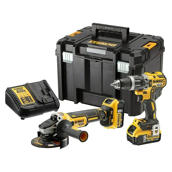 DeWalt XR 18V Taladro atornillador de batería + amoladora DCK2080P2T - 18 V, 2 baterías, 5 Ah - Juego de herramientas DeWALT con taladro atornillador, amoladora angular, cargador y caja de herramientas.
