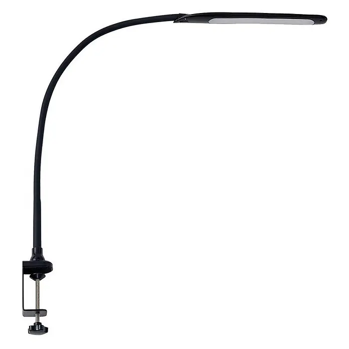 Lindby Klemmleuchte Nilay - Farbe Gehäuse: schwarz - Schwarze Klemm-Schreibtischlampe mit gebogenem Arm und linearem LED-Leuchtkopf.