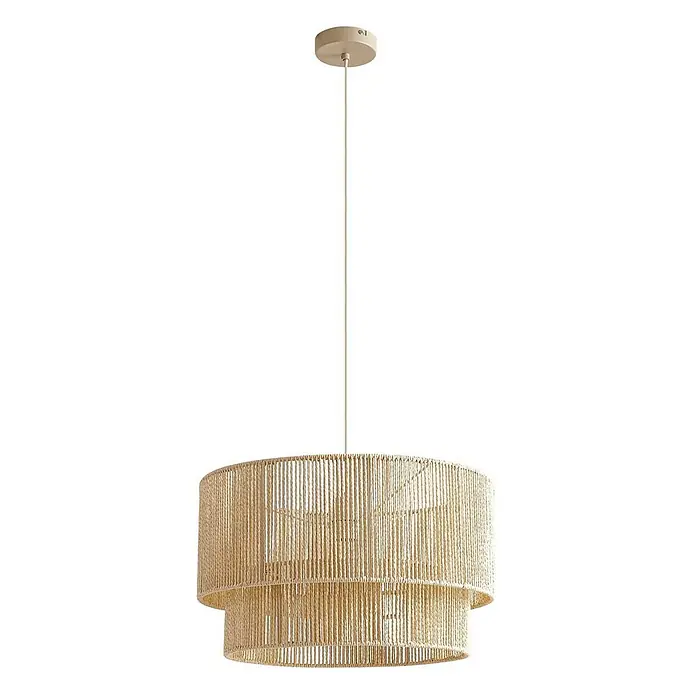 Lindby Pendelleuchte Anuva - creme / amber, beige, E27 - Gestufte Pendelleuchte mit Schirm aus natürlichem Seilgeflecht, aufgehängt an einer beigen Rosette.