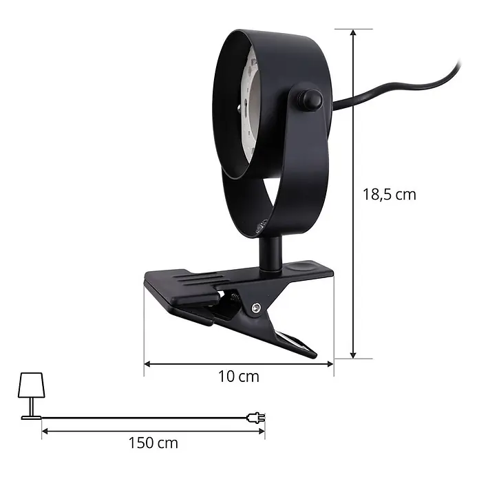 Lindby Klemmleuchte Jyla - Farbe Gehäuse: schwarz - Schwarze verstellbare Klemmleuchte mit 150 cm Kabel. Gesamthöhe 18,5 cm, Klemmlänge 10 cm.