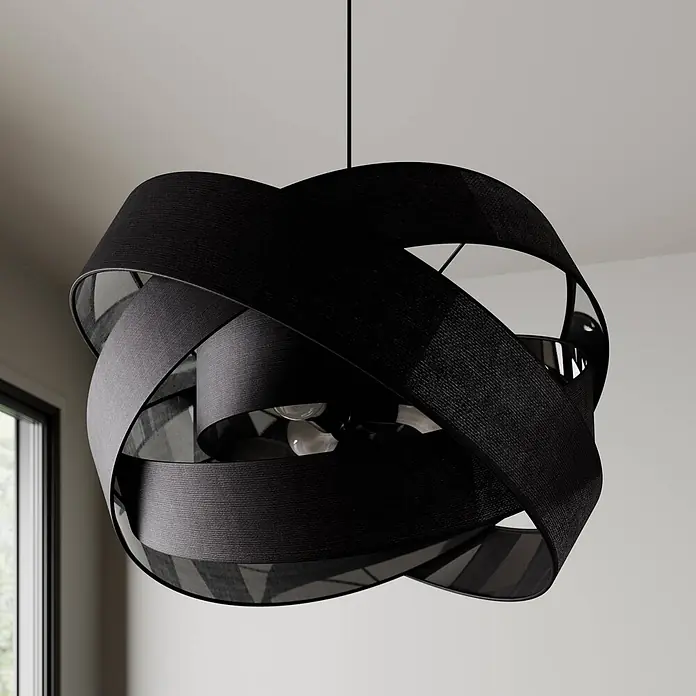 Lindby Pendelleuchte Simaria - schwarz, Schwarz, E27 - Schwarze, verschlungene Stoff-Pendelleuchte mit sichtbaren Glühbirnen, hängt von der Decke.