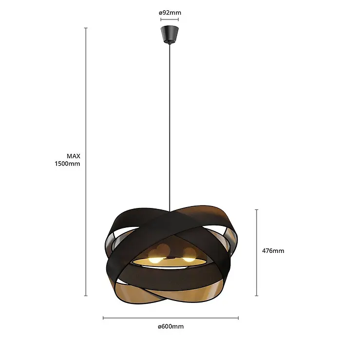 Lindby Pendelleuchte Simaria - schwarz, Schwarz, E27 - Schwarze und goldene Pendelleuchte mit geschichtetem Banddesign und sichtbaren Glühbirnen.