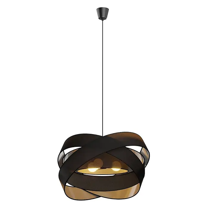 Lindby Pendelleuchte Simaria - schwarz, Schwarz, E27 - Moderne schwarze Hängeleuchte mit verwobenen Stoffbändern und goldenem Interieur, an schwarzer Schnur hängend.