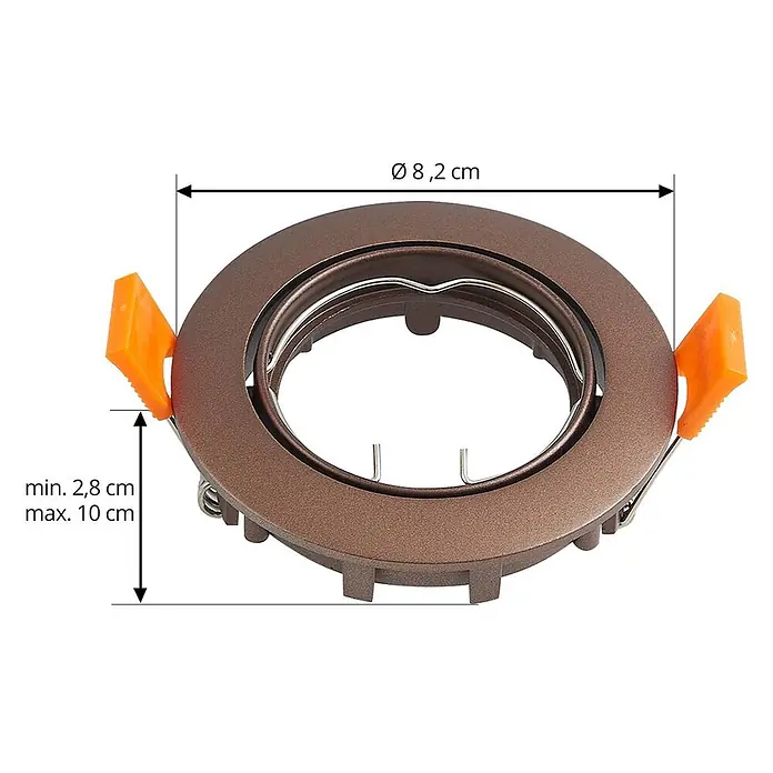 Prios Einbauleuchte Fibur - Ø x H: 8,2 x 2,8 cm, bronze / altmessing - Brauner runder Einbaurahmen mit orangefarbenen Klammern. Ø 8,2 cm, für 2,8-10 cm Deckendicke.