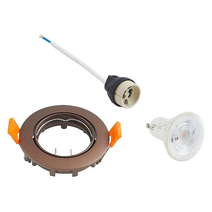 Prios Einbauleuchte Fibur - Ø x H: 8,2 x 2,8 cm, bronze / altmessing - Einbaustrahler-Set: brauner Rahmen, GU10 Lampenfassung mit Kabeln und eine GU10 LED-Spotbirne.