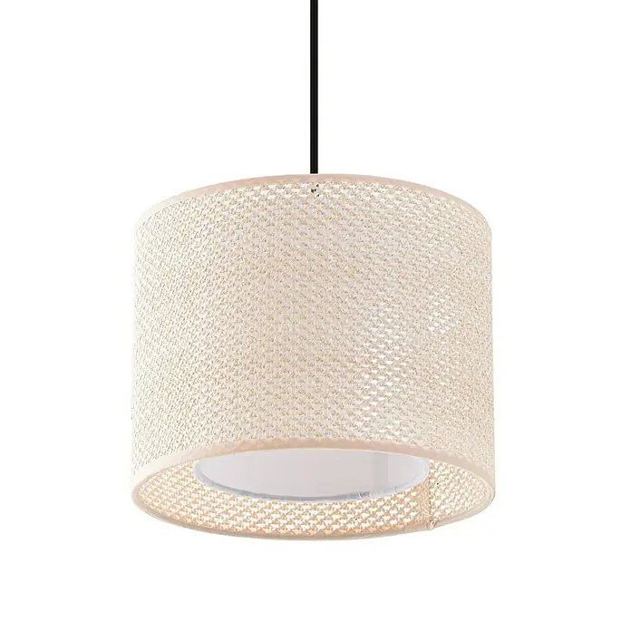 Lindby Pendelleuchte Soula - creme / amber, beige, E27 - Zylindrischer beigefarbener Hängelampenschirm aus Webstoff mit weißem Innenfutter und schwarzem Kabel.