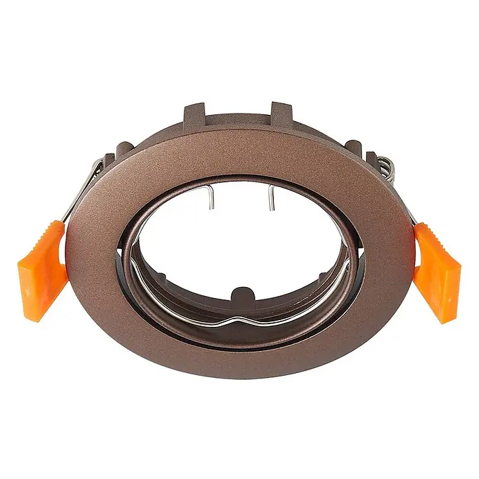 Prios Einbauleuchte Fibur - Ø x H: 8,2 x 2,8 cm, bronze / altmessing - Braunes Einbauleuchtengehäuse mit orangefarbenen Befestigungsklammern und inneren Leuchtmittelfedern.