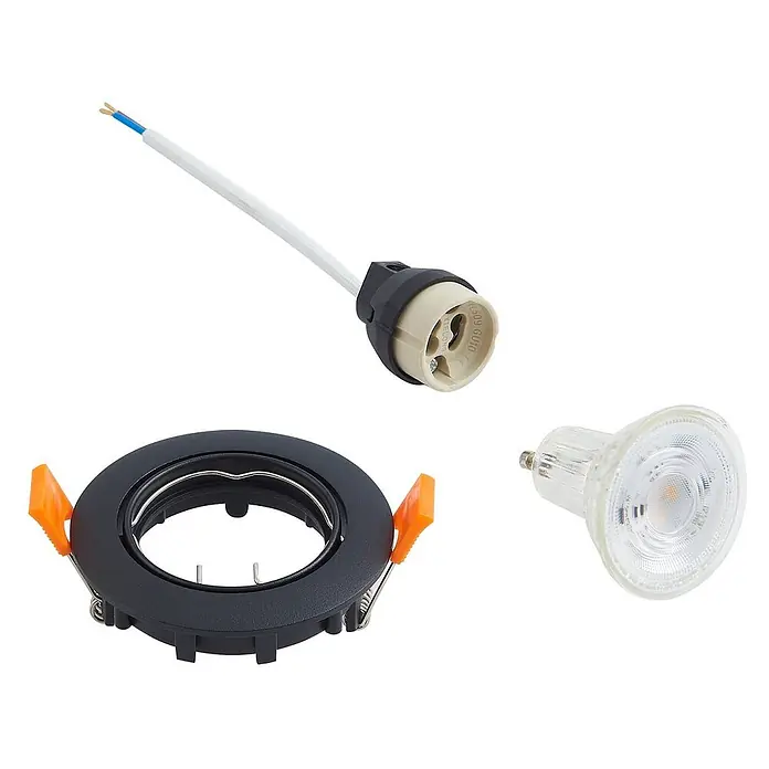 Prios Einbauleuchte Fibur - Ø x H: 8,2 x 2,8 cm, schwarz - GU10 Einbaustrahler-Set mit schwarzem Rahmen, Keramikfassung und LED-Leuchtmittel.