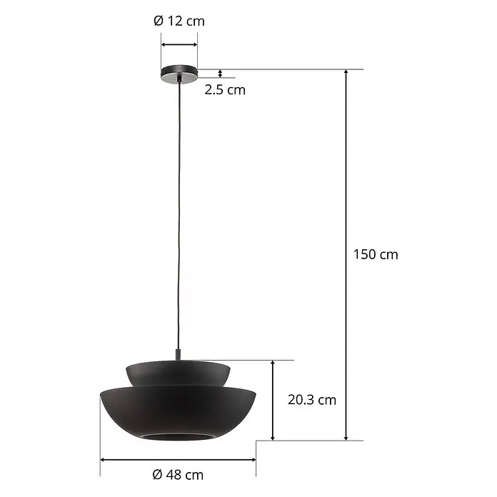 Lucande Pendelleuchte Kellina - L x B x H: 48 x 48 x 20,3 cm, schwarz, Schwarz, E27 - Schwarze Pendelleuchte mit zwei geschichteten, schalenförmigen Schirmen. Gesamtlänge 150 cm.