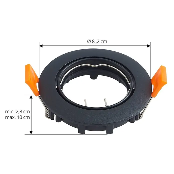 Prios Einbauleuchte Fibur - Ø x H: 8,2 x 2,8 cm, schwarz - Schwarzer Einbaustrahlerrahmen mit orangefarbenen Federklammern. Maße: Ø 8,2 cm, Einbautiefe 2,8-10 cm.