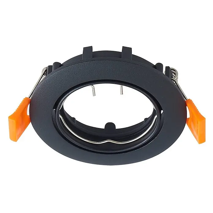 Prios Einbauleuchte Fibur - Ø x H: 8,2 x 2,8 cm, schwarz - Schwarzer Einbaustrahlerrahmen mit orangefarbenen Montageklammern und Metallfedern.