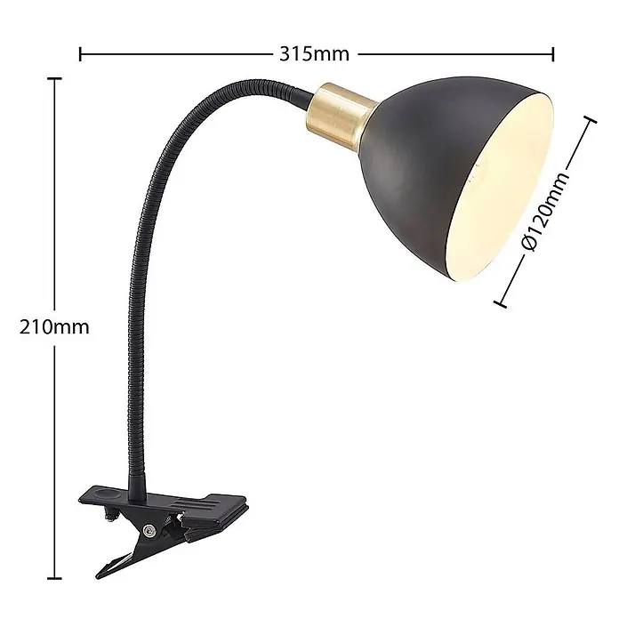 Lindby Klemmleuchte Genora - L x B x H: 31,5 x 12 x 21 cm, Farbe Gehäuse: schwarz - Schwarze Klemmleuchte mit flexiblem Arm und Messingakzenten. Maße: 210mm H, 315mm L, 120mm Kopfdurchmesser.