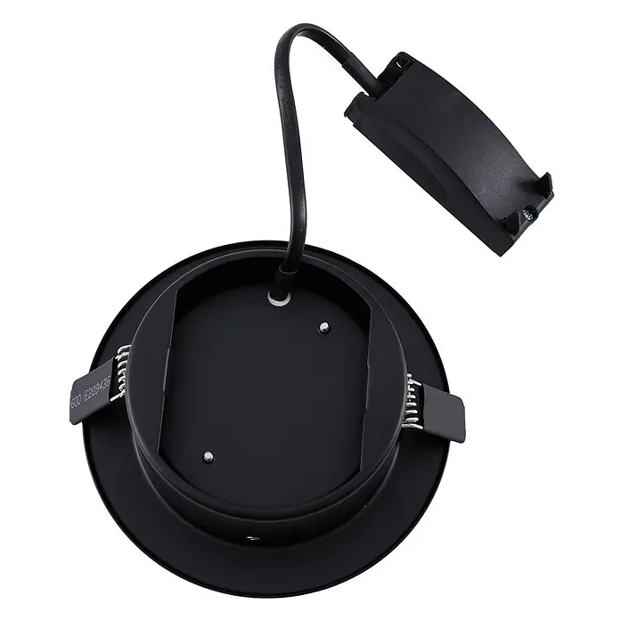 Lindby Einbauleuchte Jyla - Ø x H: 13 x 5,5 cm, schwarz - Rückansicht einer schwarzen LED-Einbauleuchte mit angeschlossenem Treiber und Montagefedern.