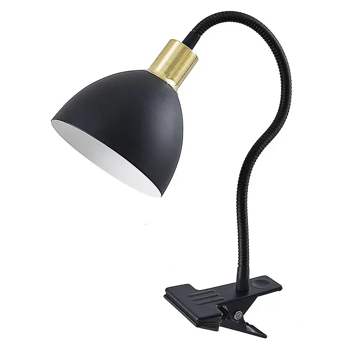 Lindby Klemmleuchte Genora - L x B x H: 31,5 x 12 x 21 cm, Farbe Gehäuse: schwarz - Schwarze Klemmleuchte mit goldenem Akzent und flexiblem Schwanenhals.