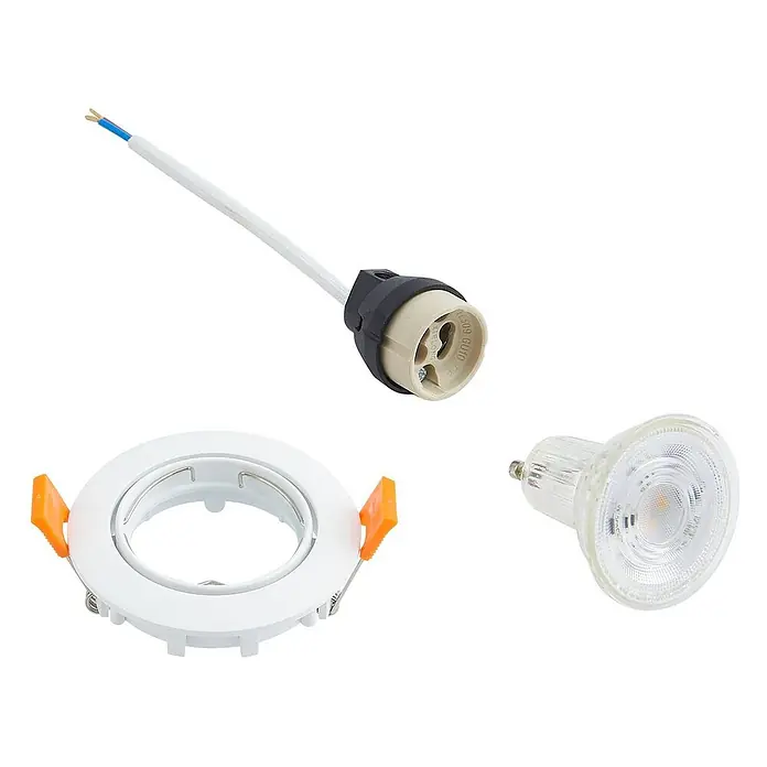 Prios Einbauleuchte Fibur - weiß / opal - Weißer runder Einbaustrahlerrahmen mit orangefarbenen Klammern, schwarze GU10-Fassung mit Kabel und GU10-LED-Birne.