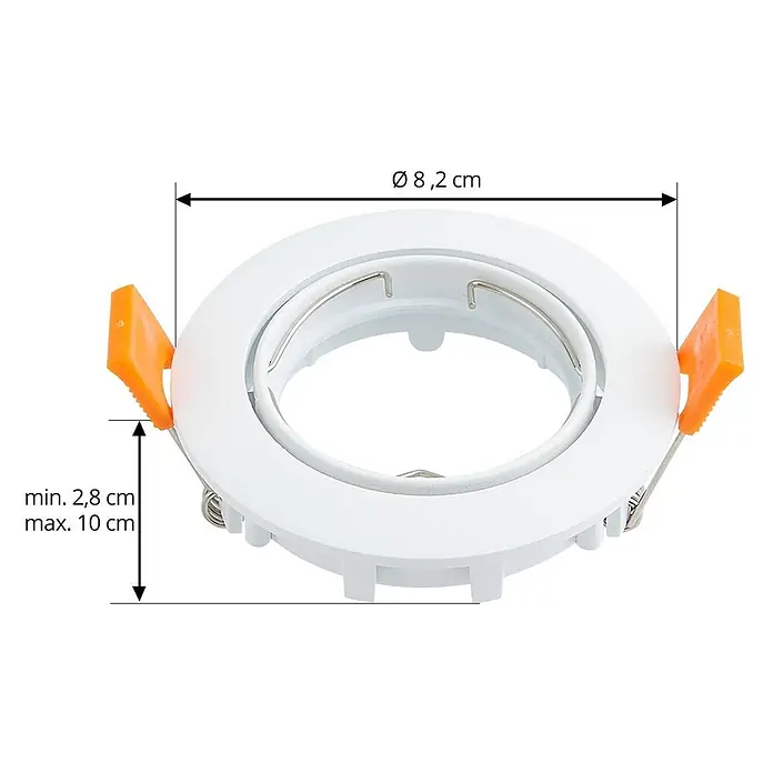Prios Einbauleuchte Fibur - weiß / opal - Weißer runder Einbaurahmen für Leuchten mit orangefarbenen Befestigungsklammern und Maßen (Ø 8,2 cm, Tiefe 2,8-10 cm).