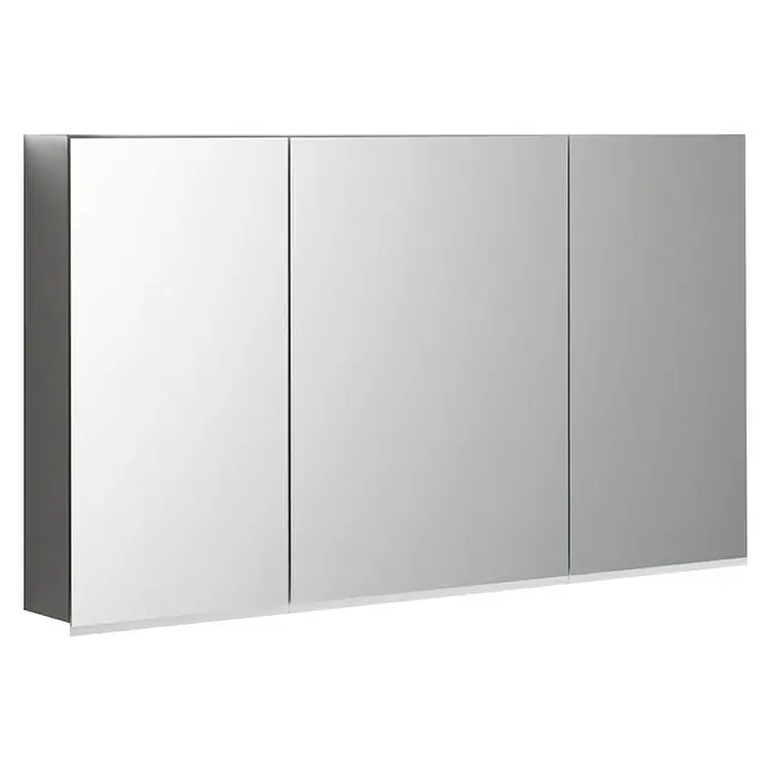 Geberit LED-Spiegelschrank Option Plus - B x H: 120 x 70 cm, Holz, Grafit - Ein dreitüriger Spiegelschrank mit eleganten, schlichten Linien und einer modernen grauen Oberfläche, ideal für jedes Badezimmer.