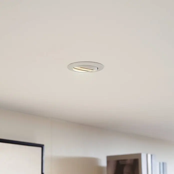 Prios Einbauleuchte Fibur - weiß / opal - Runder Einbau-Deckenstrahler, hellgrau, mit schwenkbarem, warmweißem Leuchtelement in die Decke integriert.