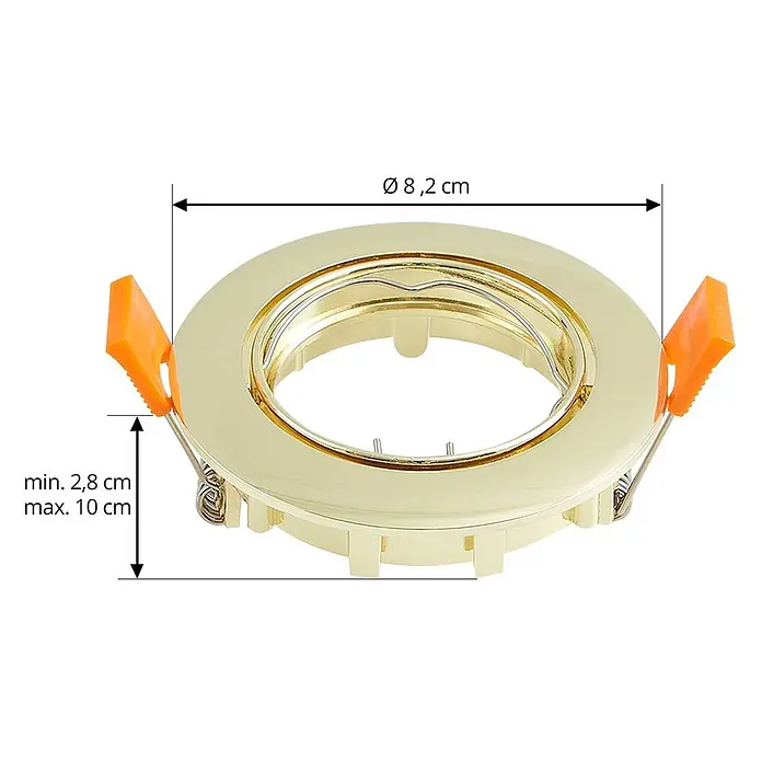 Prios Einbauleuchte Fibur - Ø x H: 8,2 x 2,8 cm, messing / gold - Goldfarbener Einbaustrahlerrahmen mit orangefarbenen Montageclips und Maßen Ø 8,2 cm, Tiefe 2,8-10 cm.