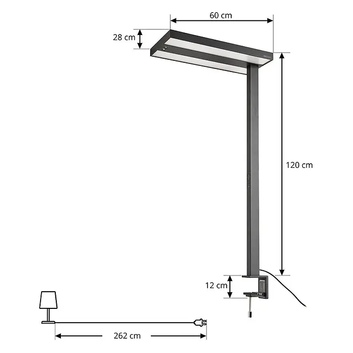 Arcchio Klemmleuchte Logan - Farbe Gehäuse: schwarz - Schwarze LED-Klemmtischleuchte mit langem Arm und rechteckigem Kopf, mit Maßen dargestellt.