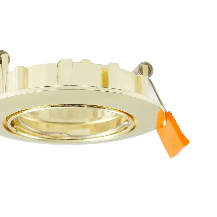 Prios Einbauleuchte Fibur - Ø x H: 8,2 x 2,8 cm, messing / gold - Goldfarbene runde Einbauleuchte mit Montagefeder und orangefarbenem Clip.
