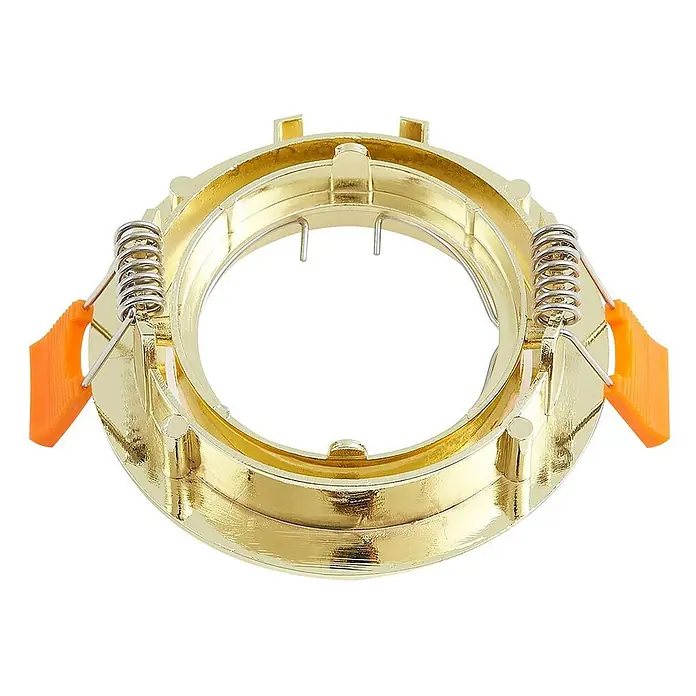 Prios Einbauleuchte Fibur - Ø x H: 8,2 x 2,8 cm, messing / gold - Goldfarbener Einbaustrahlerrahmen aus Metall mit zwei Federn und orangefarbenen Montageclips.