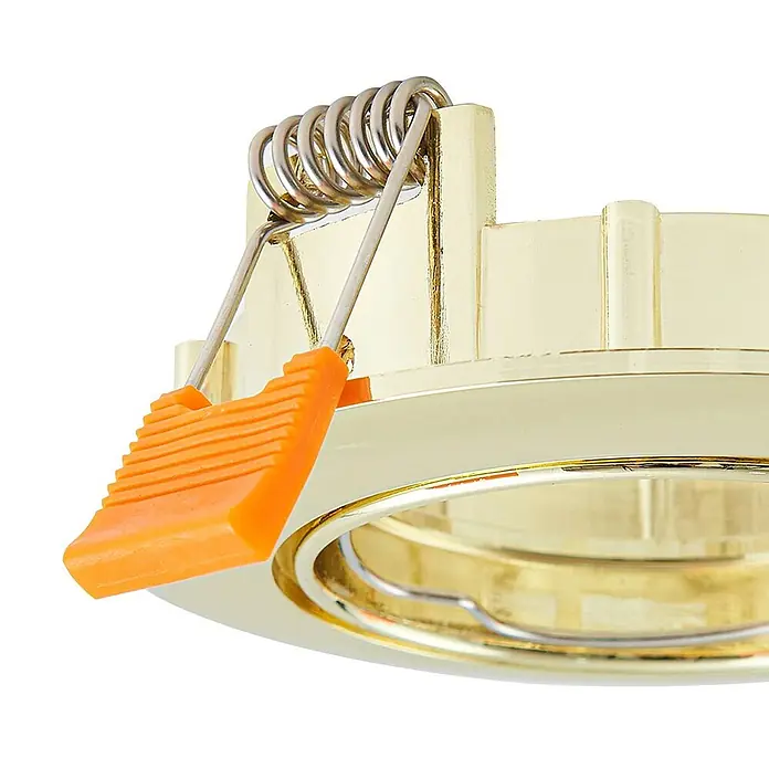 Prios Einbauleuchte Fibur - Ø x H: 8,2 x 2,8 cm, messing / gold - Goldfarbene Einbauleuchte mit silbernen Federklammern und orangen Kunststoffgriffen zur Deckenmontage.