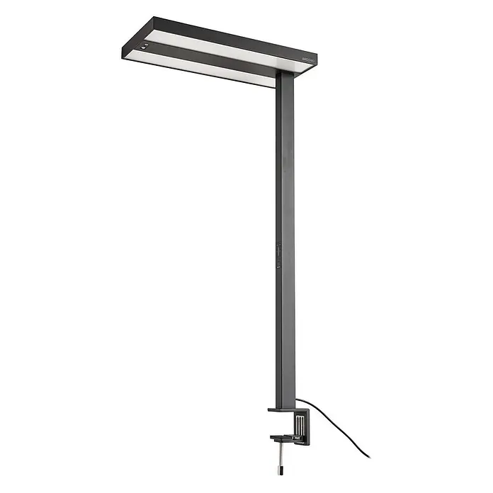 Arcchio Klemmleuchte Logan - Farbe Gehäuse: schwarz - Schwarze LED-Klemmtischlampe mit rechteckigem Kopf und Standfuß, zwei Lichtleisten und seitlichen Bedienelementen.