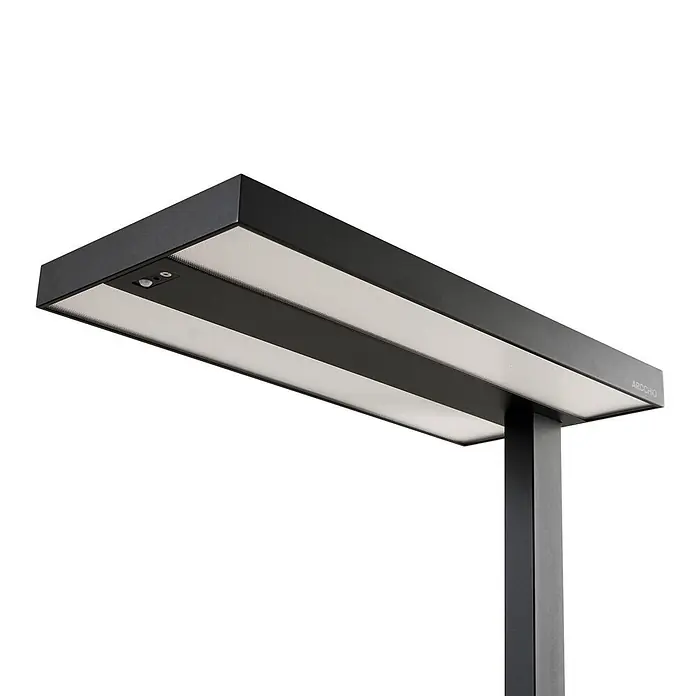Arcchio Klemmleuchte Logan - Farbe Gehäuse: schwarz - Schwarze rechteckige LED-Lampe mit Bedienelementen, strukturiertem Diffusor und Ständer.