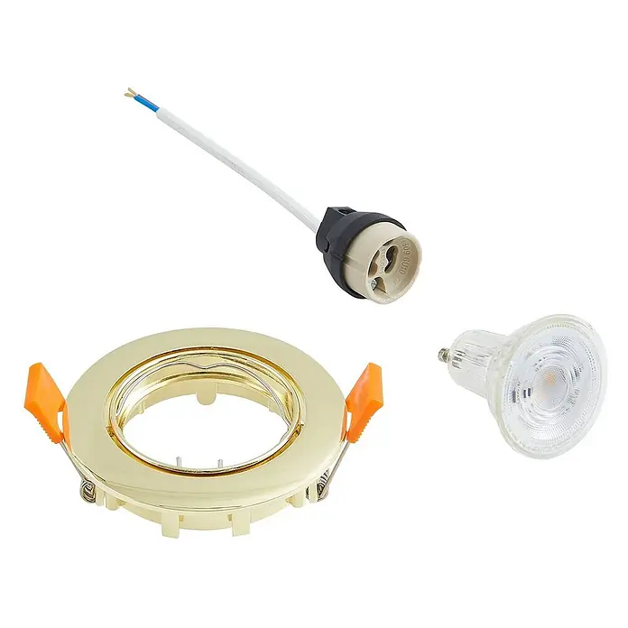 Prios Einbauleuchte Fibur - Ø x H: 8,2 x 2,8 cm, messing / gold - Set aus goldenem Einbaustrahlerrahmen, GU10 Lampenfassung mit Kabeln und GU10 LED-Leuchtmittel.