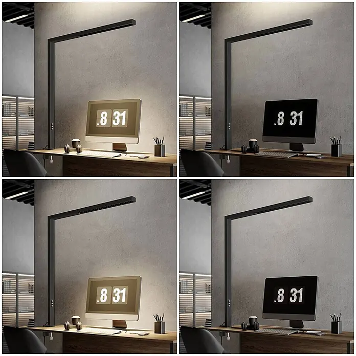 Arcchio Klemmleuchte Jolinda - Farbe Gehäuse: schwarz - Eine schlanke, schwarze Klemm-LED-Schreibtischlampe beleuchtet einen modernen Bürotisch mit Computermonitor. Zeigt verschiedene Lichteinstellungen.