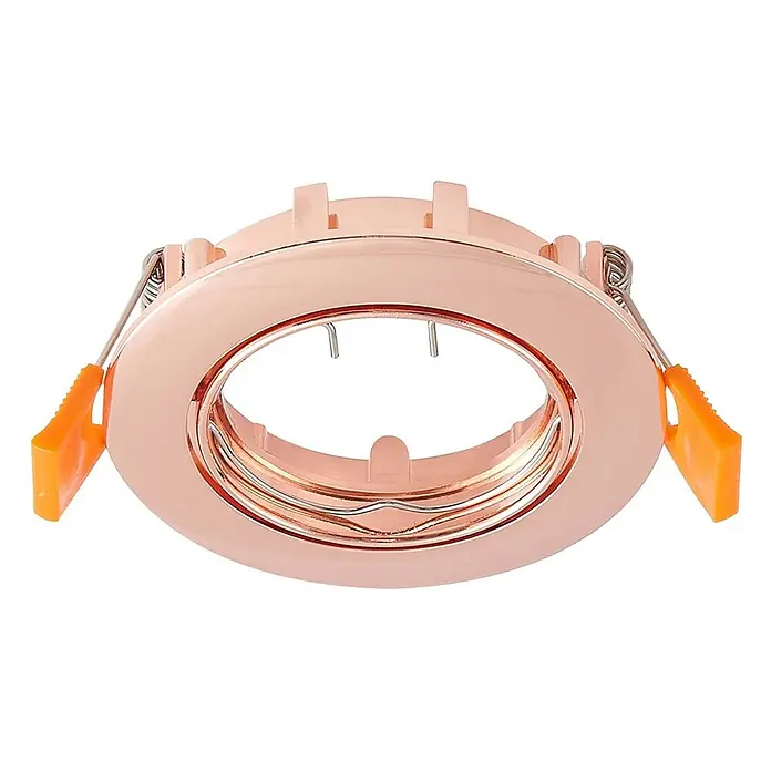 Prios Einbauleuchte Fibur - Ø x H: 8,2 x 2,8 cm, kupfer - Roségoldener runder Einbaustrahlerrahmen mit orangefarbenen Montageclips.