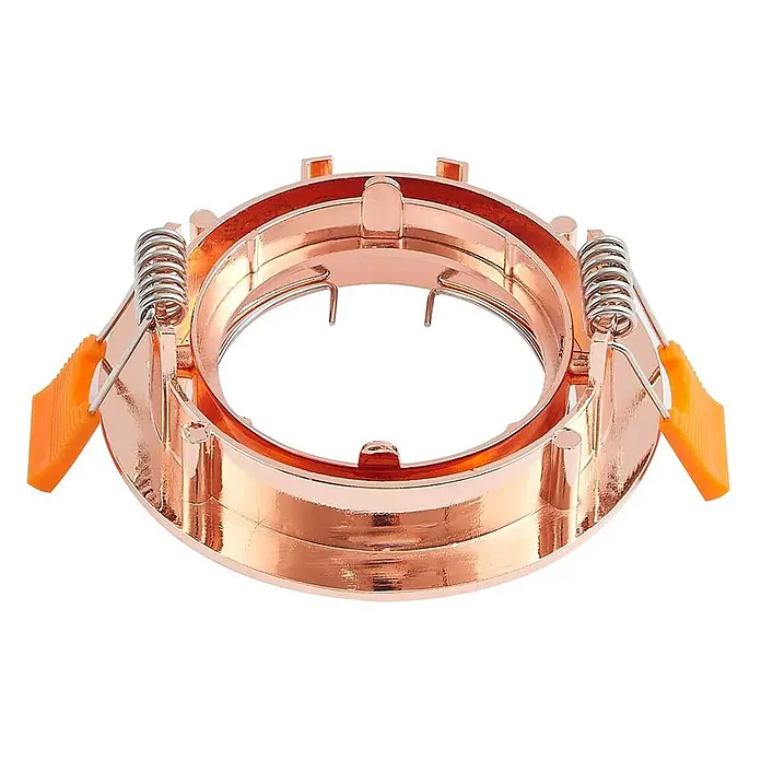 Prios Einbauleuchte Fibur - Ø x H: 8,2 x 2,8 cm, kupfer - Roségoldener Einbauleuchtenrahmen mit Federklammern und orangefarbenen Laschen.