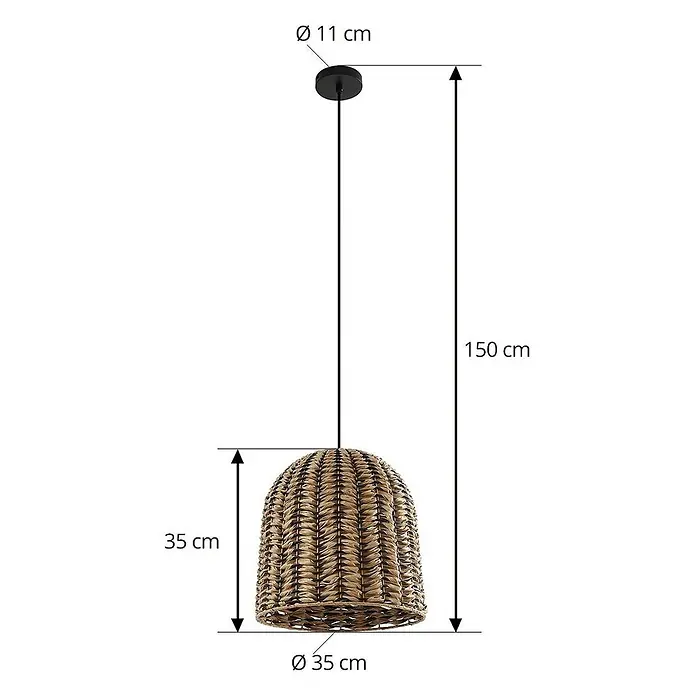 Lindby Außenwand- & Deckenleuchte Taryn - L x B x H: 35 x 35 x 35 cm, Holz hell, IP44 - Hängelampe mit glockenförmigem, naturgeflochtenem Schirm und schwarzer Aufhängung.