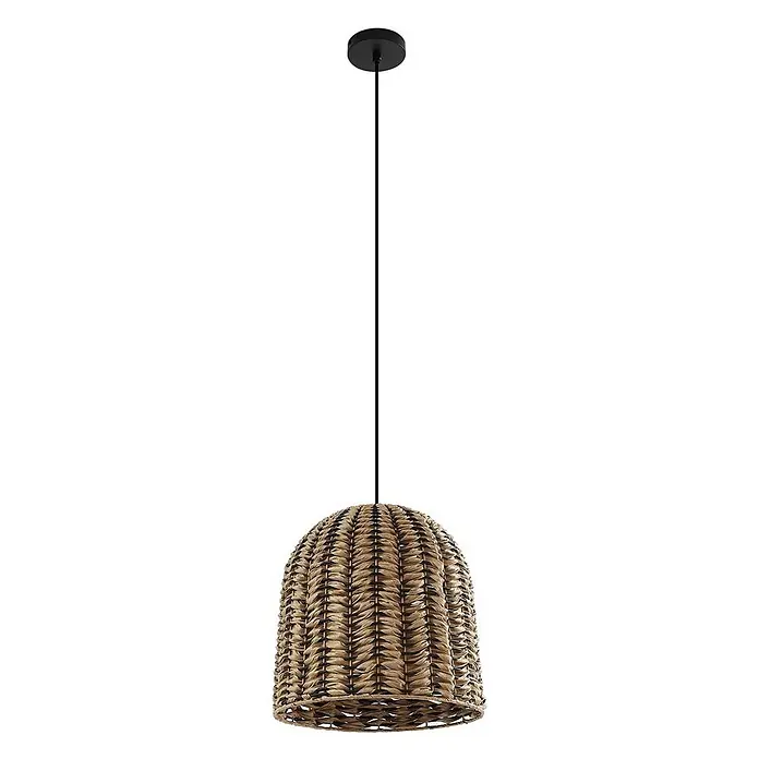 Lindby Außenwand- & Deckenleuchte Taryn - L x B x H: 35 x 35 x 35 cm, Holz hell, IP44 - Eine glockenförmige Pendelleuchte mit gewebtem Naturfaser-Schirm in Naturbraun, aufgehängt an einem schwarzen Kabel und Baldachin.