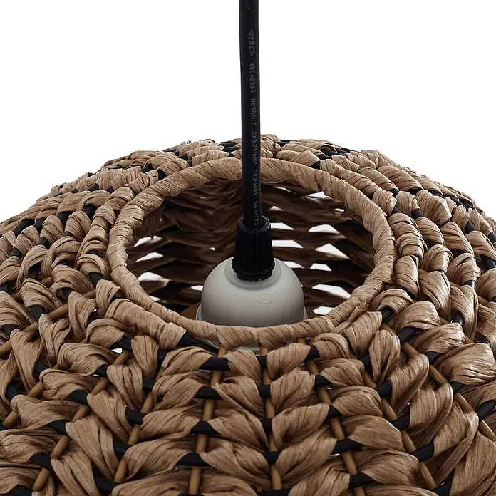 Lindby Außenwand- & Deckenleuchte Taryn - L x B x H: 35 x 35 x 35 cm, Holz hell, IP44 - Geflochtener Pendellampenschirm aus braunen und schwarzen Naturfasern mit sichtbarem schwarzem Kabel und Lampenfassung.