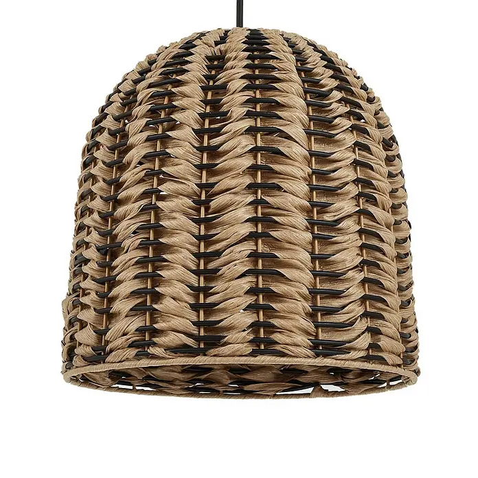 Lindby Außenwand- & Deckenleuchte Taryn - L x B x H: 35 x 35 x 35 cm, Holz hell, IP44 - Zweifarbiger, gewebter Lampenschirm in Glockenform, mit naturfarbenen Fasern und schwarzen Elementen.