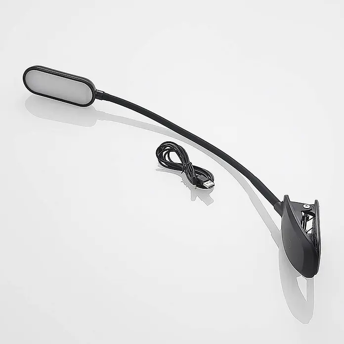 Prios Klemmleuchte Najari - Farbe Gehäuse: schwarz - Schwarze flexible LED-Klemmleseleuchte mit USB-Ladekabel.